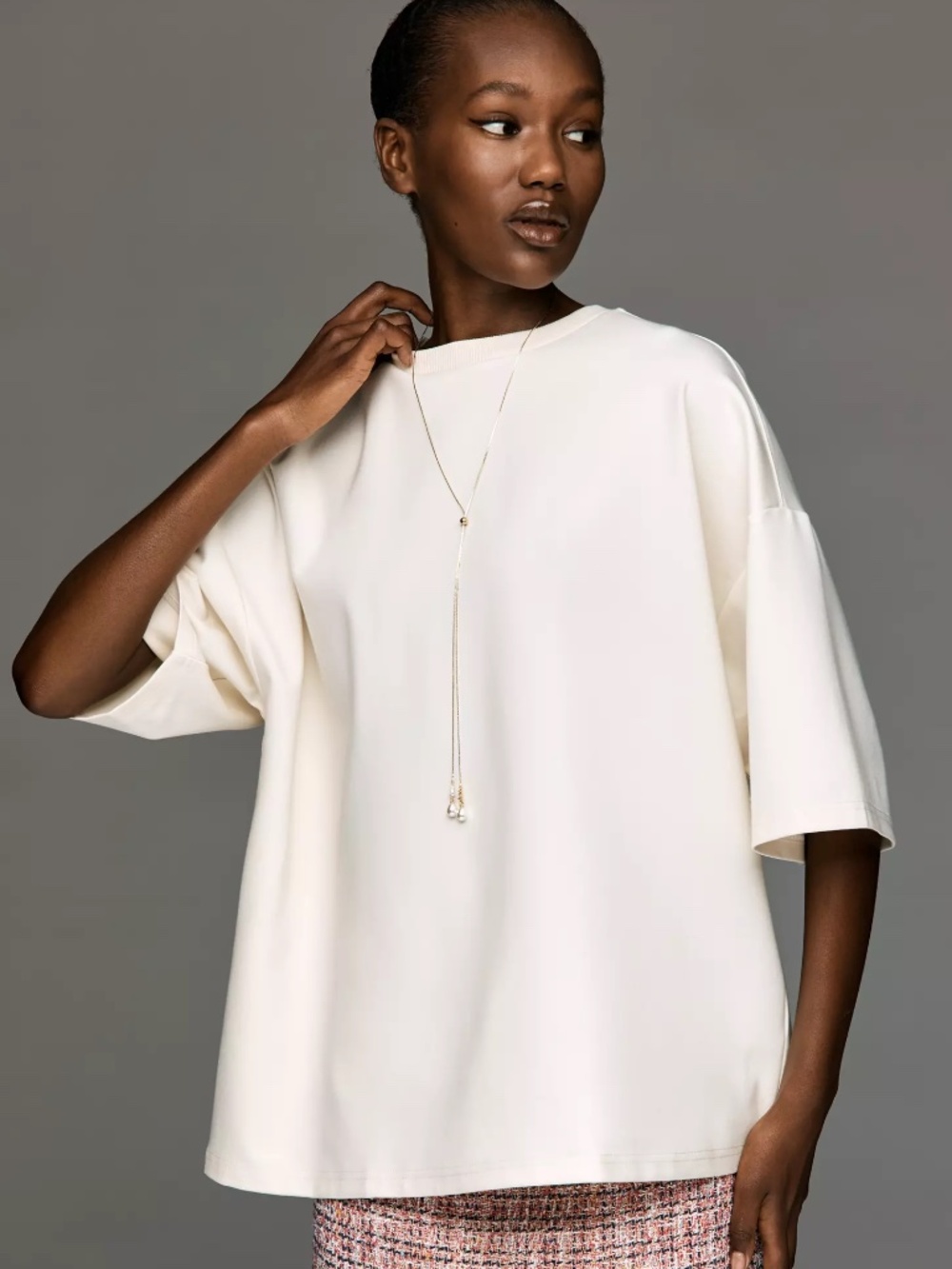 Anthropologie Maeve Structured Boyfriend Tee in Stone Dust Ivory NWT